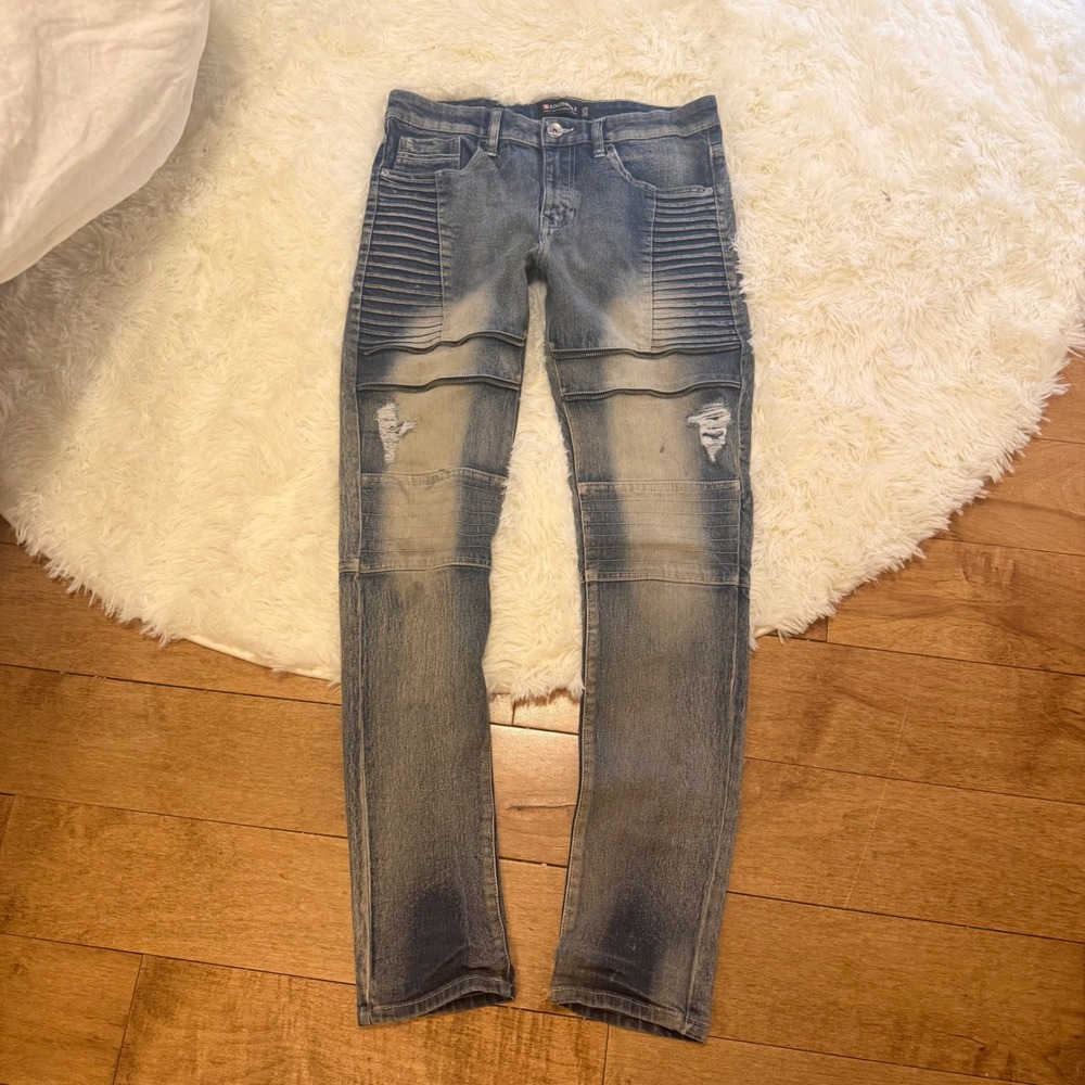 Southpole Mens Skinny Moto Biker Jeans Blue Distressed Streetwear Size 32x32